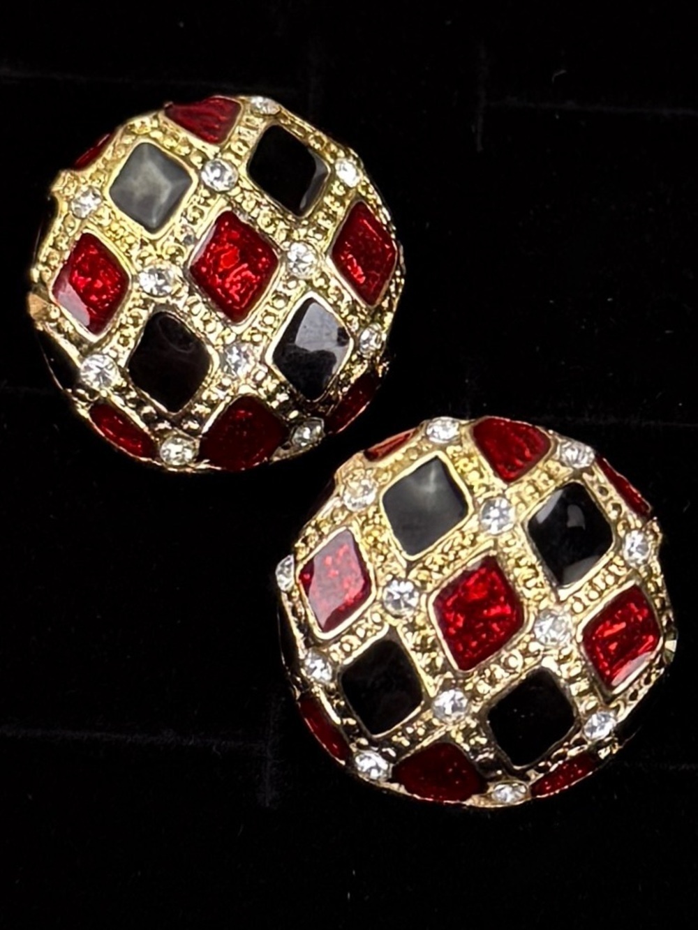 Vintage Red Black Mosaic Statement Earrings Gold Tone Geometric Pierced